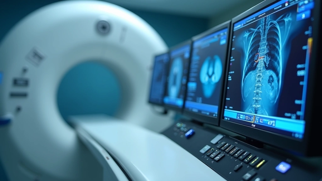 Close-up of advanced radiology equipment control panel with digital displays, buttons and monitors showing medical imaging interfaces in modern healthcare facility