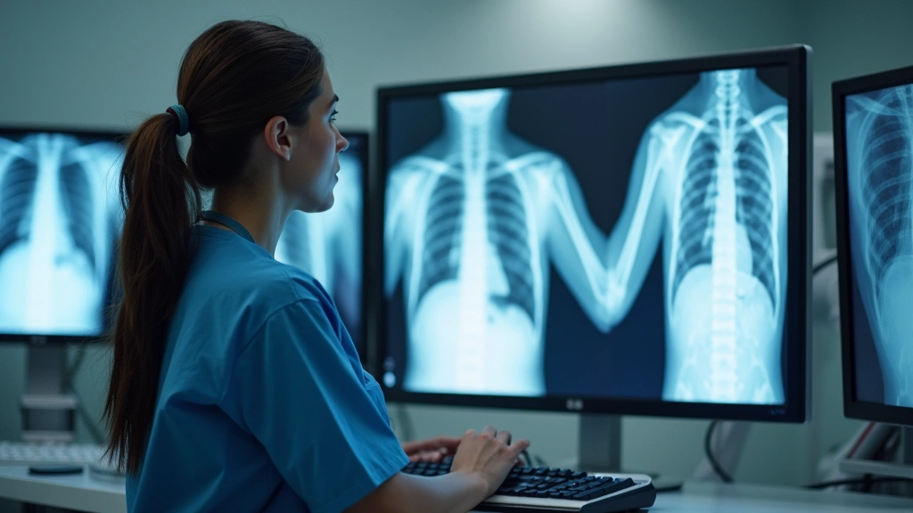 Experienced radiologic technologist in protective lead apron reviewing digital X-ray images on multiple high-resolution monitors in diagnostic imaging suite, professional medical environment