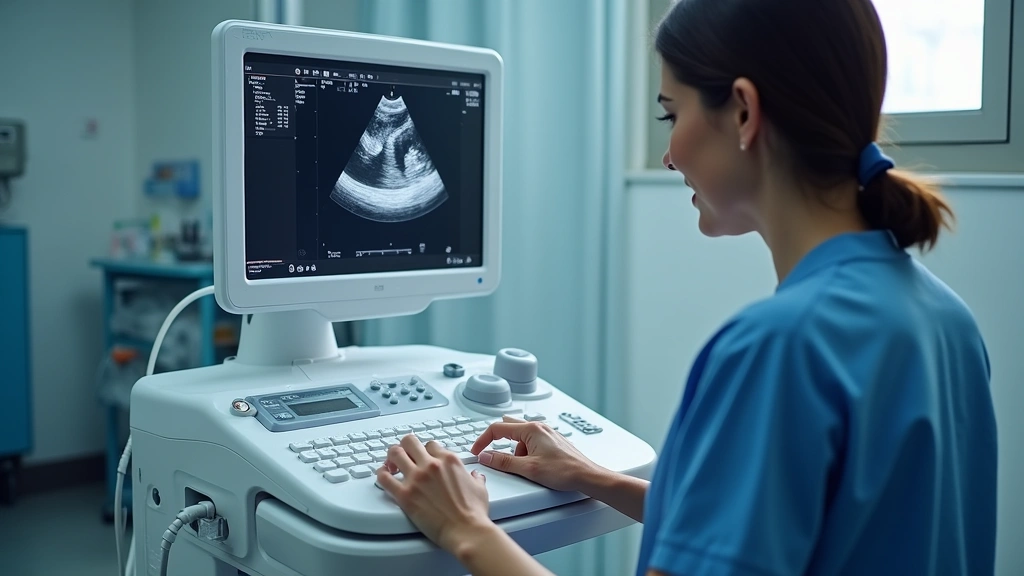 Professional ultrasound technician performing diagnostic imaging on patient using modern ultrasound machine in clinical hospital setting, hands on equipment controls, focused expression