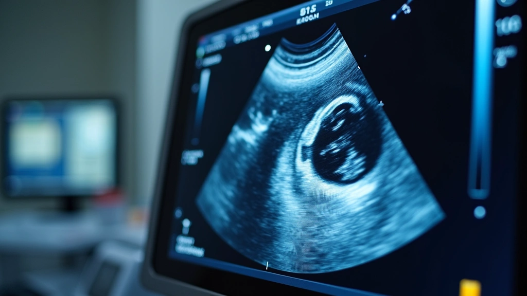 Close-up of advanced ultrasound equipment display screen showing real-time anatomical imaging during medical diagnostic procedure, technician monitoring results