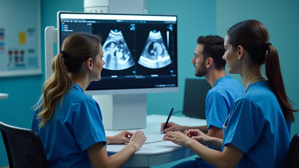 Healthcare professional in medical scrubs reviewing diagnostic ultrasound images on computer workstation in modern hospital imaging center with colleagues collaborating