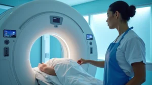 Professional radiologic technologist operating advanced CT scanner equipment in modern hospital imaging suite, wearing protective lead apron, focused on patient care