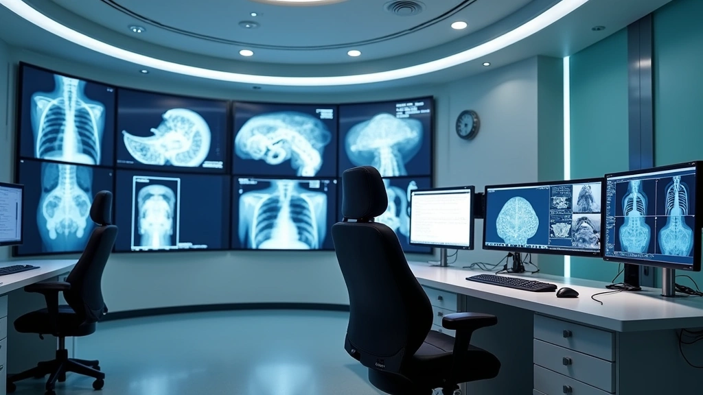 Medical imaging control room with multiple monitors displaying radiographic images, technologist workstation with ergonomic seating, contemporary healthcare facility design
