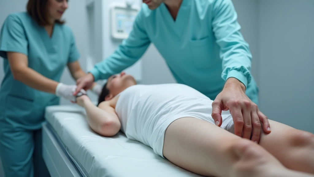 Close-up of radiologic technologist's hands positioning patient on diagnostic imaging table, demonstrating clinical expertise and precision in medical imaging procedure