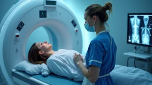 Professional radiologic technologist operating modern digital x-ray equipment in hospital imaging department, wearing protective lead apron and positioning patient for scan