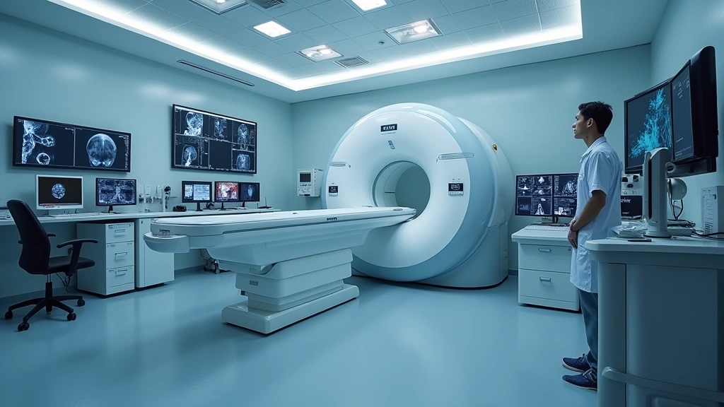 Modern hospital radiology suite with state-of-the-art CT scanner and control room, technologist monitoring imaging system with multiple computer displays