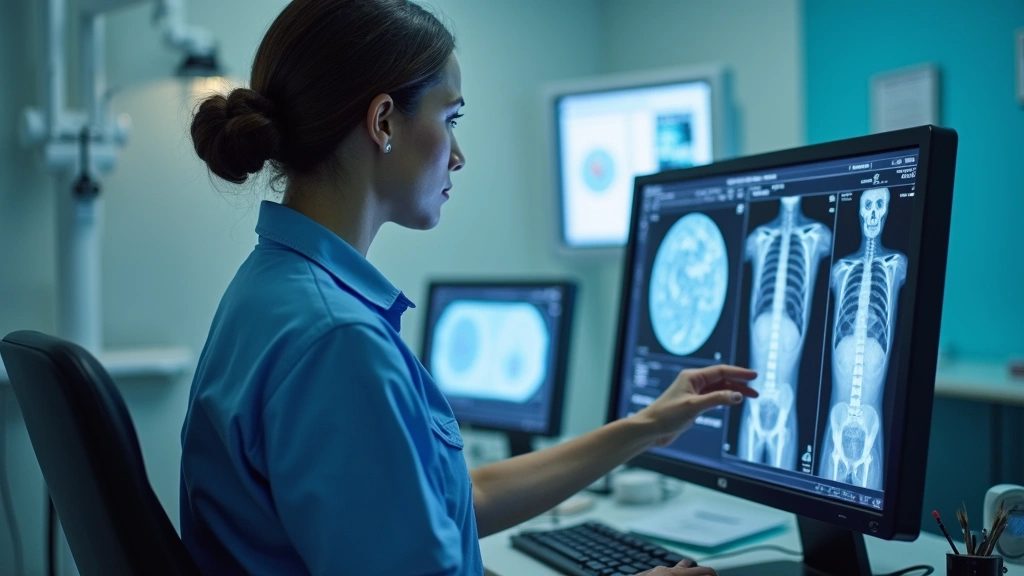 Radiologic technologist in clinical setting reviewing diagnostic images on medical workstation, demonstrating professional expertise and advanced imaging technology