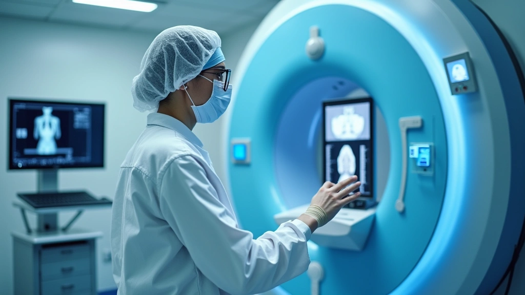 Professional radiologic technologist in sterile protective gear operating modern CT scanner equipment in hospital imaging suite, focused on control panel with blue screens and diagnostic monitors in background, clinical lighting