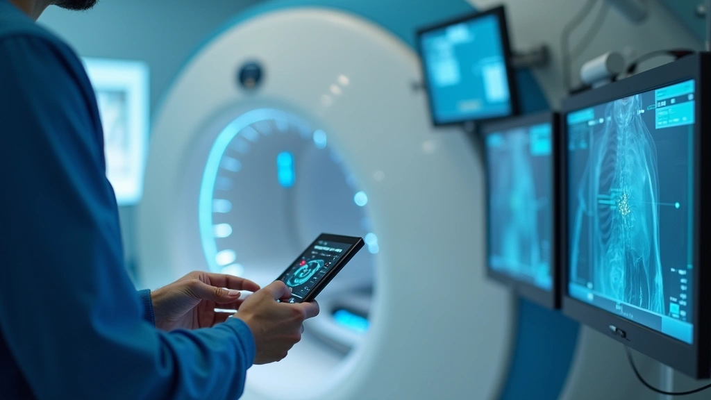 Close-up of experienced rad tech's hands adjusting MRI machine controls with sophisticated digital interface displays, multiple monitoring screens visible, hospital radiology department setting with advanced medical equipment