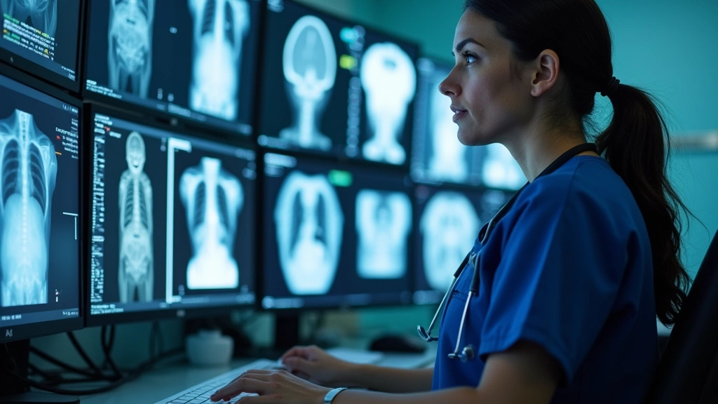 Radiologic technologist reviewing diagnostic imaging results on multiple computer workstations in modern hospital radiology department, wearing medical scrubs, surrounded by digital displays showing medical scans and data