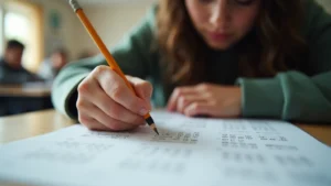 Close-up of a high school student's hands holding a pencil while taking the SAT test on paper, focused expression, natural classroom lighting, realistic detail