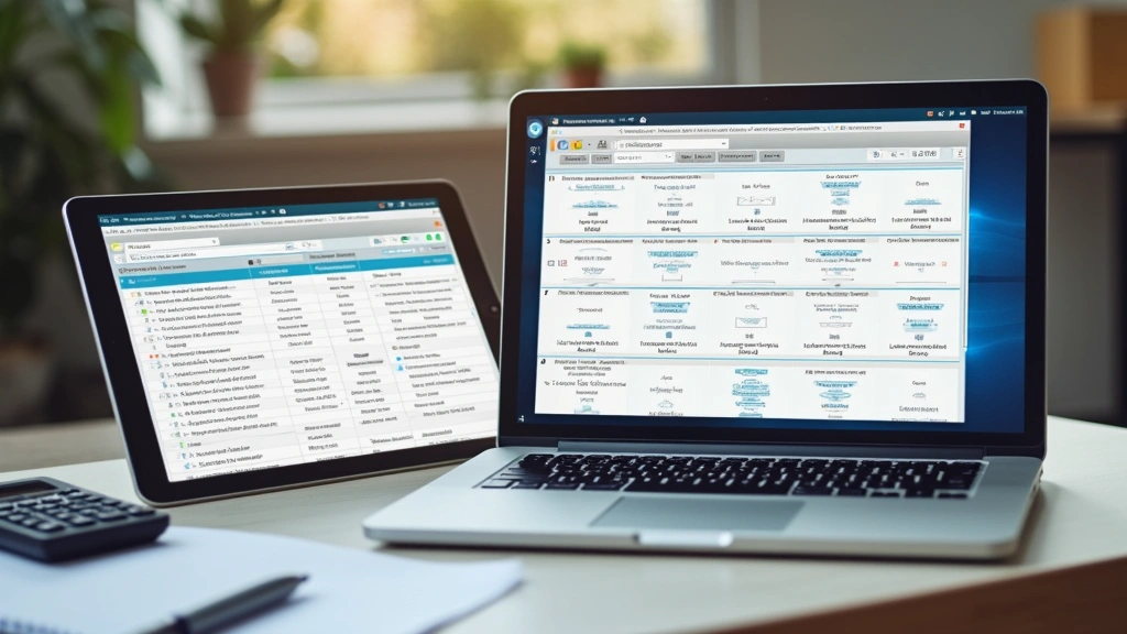 Modern laptop and tablet displaying SAT prep materials and score reports on screen, desk workspace with notebook and calculator, professional study setup