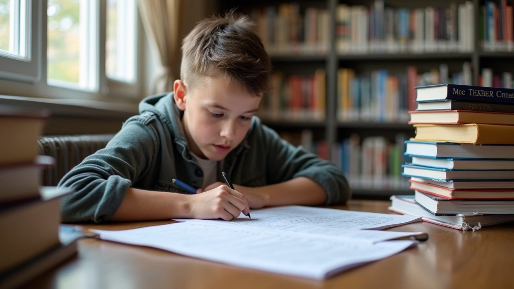 Student sitting at library desk reviewing SAT practice problems with visible concentration, stacks of test prep books nearby, natural window lighting, candid moment
