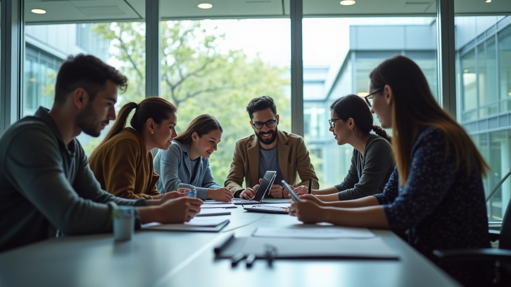 Group of diverse students collaborating on problem-solving in high-tech campus building with glass windows and modern architecture, natural daylight, photorealistic