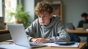 High school student studying at laptop with SAT prep materials, focused expression, notebook and calculator visible, natural lighting from window, modern desk setup
