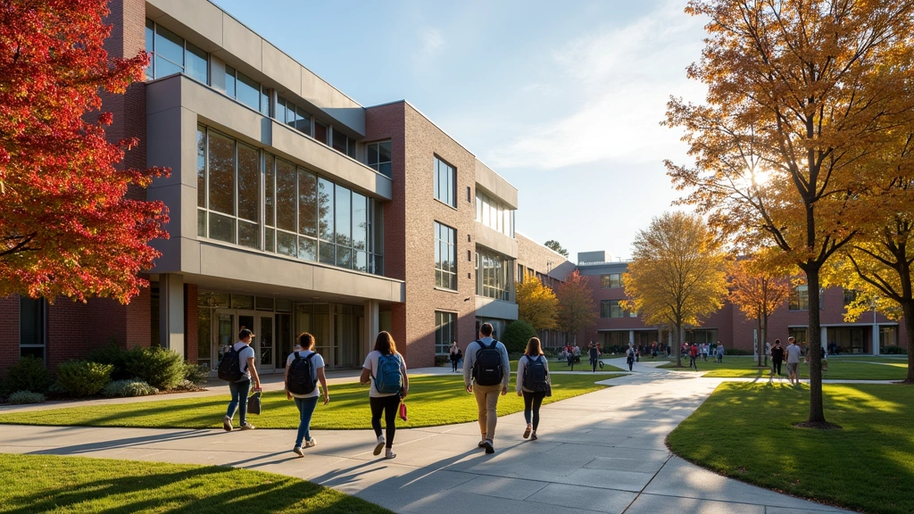 College campus building with Virginia Tech architecture, students walking with backpacks, modern educational facility, natural outdoor setting, daytime lighting