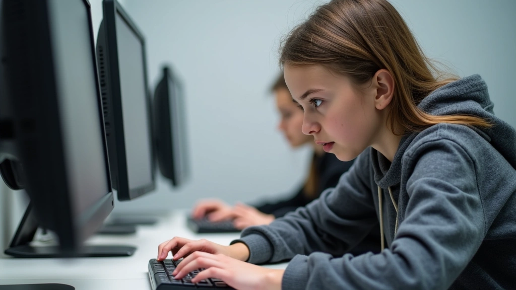 Student taking digital test on computer in testing center, concentrated expression, hands on keyboard, professional testing environment, neutral background