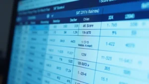 Close-up of SAT score report on computer screen showing numerical results and percentile rankings, modern digital interface with blue and white color scheme