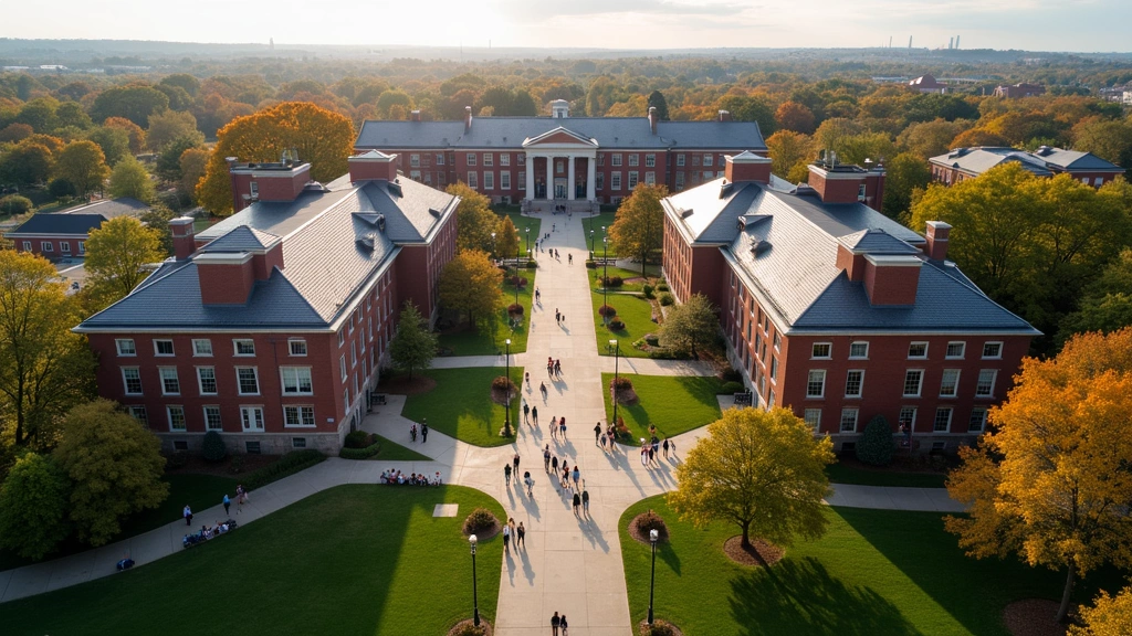 Aerial view of Virginia Tech campus with academic buildings and students walking between classes, professional architectural photography