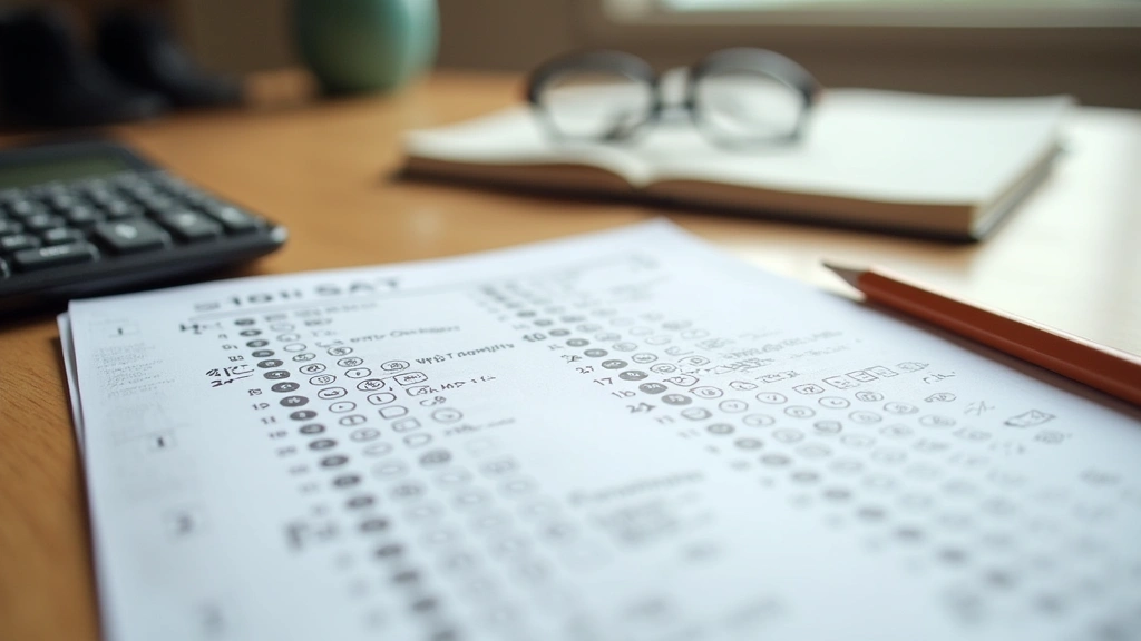 Close-up of SAT test booklet and pencil on wooden desk with calculator and notebook, natural lighting, professional testing environment