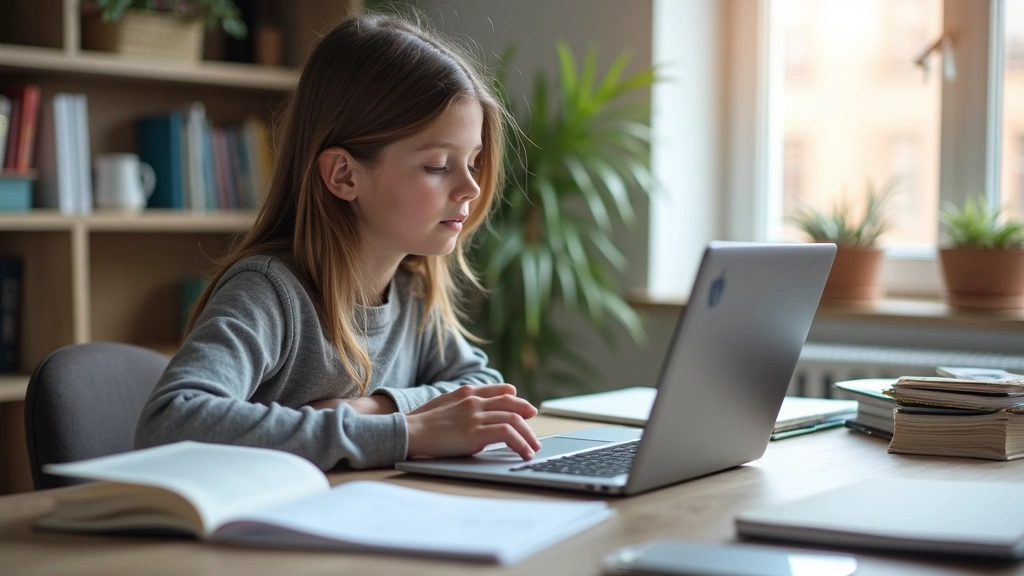 Student studying on laptop with textbooks and notes spread across modern desk, focused expression, natural window light, tech-enabled learning setup