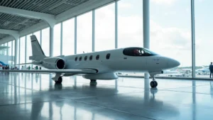 Sleek electric aircraft prototype with futuristic design parked at modern airport terminal, showcasing next-generation sustainable aviation technology and clean energy propulsion
