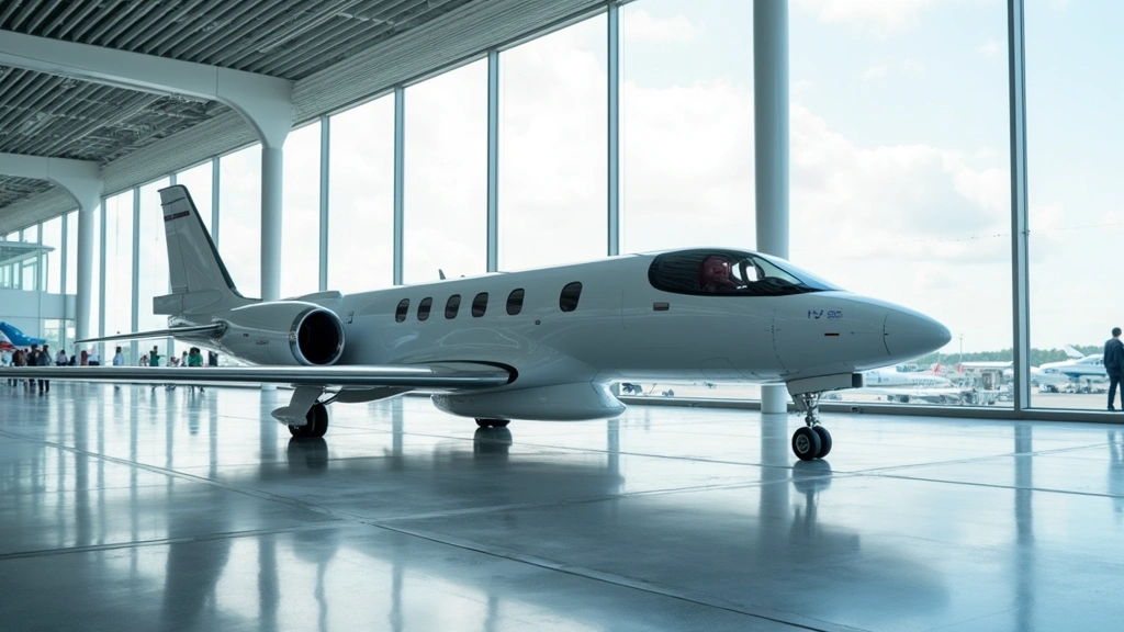 Sleek electric aircraft prototype with futuristic design parked at modern airport terminal, showcasing next-generation sustainable aviation technology and clean energy propulsion