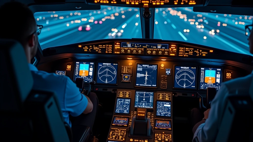 Advanced cockpit avionics display showing real-time flight data analytics and AI-powered decision support systems in modern commercial aircraft, illuminated instruments