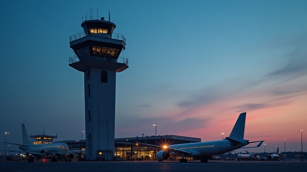 Modern airport control tower at dusk showing advanced radar and communication systems that manage aviation operations with cybersecurity protections and LED lighting