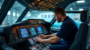 Professional avionics technician in dark blue uniform working on complex aircraft electronic control panel with illuminated circuit boards and testing equipment in modern aircraft maintenance hangar, detailed precision work environment