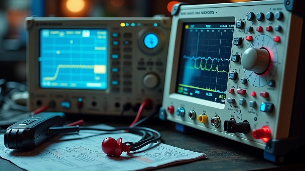 Close-up of avionics test equipment and diagnostic tools on workbench with multimeter, oscilloscope, and aircraft component testing apparatus, showing technical precision equipment used in aircraft systems maintenance