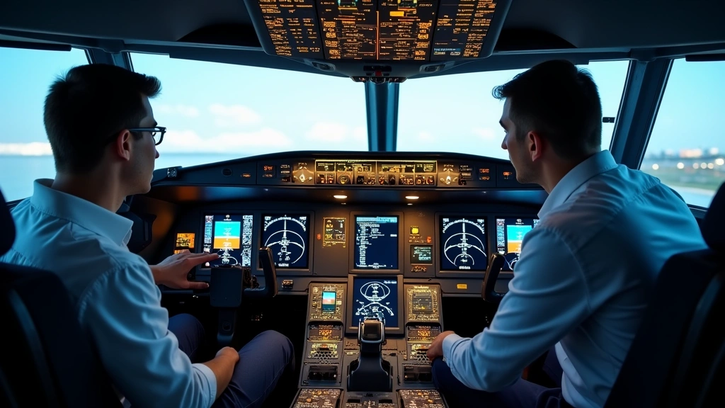 Experienced avionics technician team collaborating inside commercial aircraft cockpit area, examining modern glass cockpit avionics displays and navigation systems during routine inspection and maintenance procedures