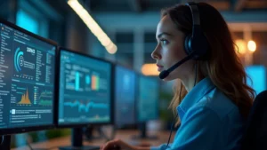 Close-up of professional customer service representative wearing headset in modern tech support center with multiple monitors displaying diagnostic software and device specifications, warm office lighting