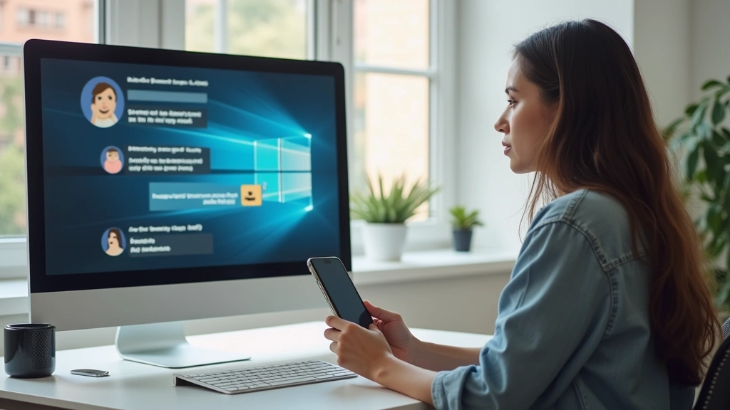 Split-screen showing smartphone displaying live chat support interface on left side and frustrated customer looking at device on right side, minimalist desk setup with notebook