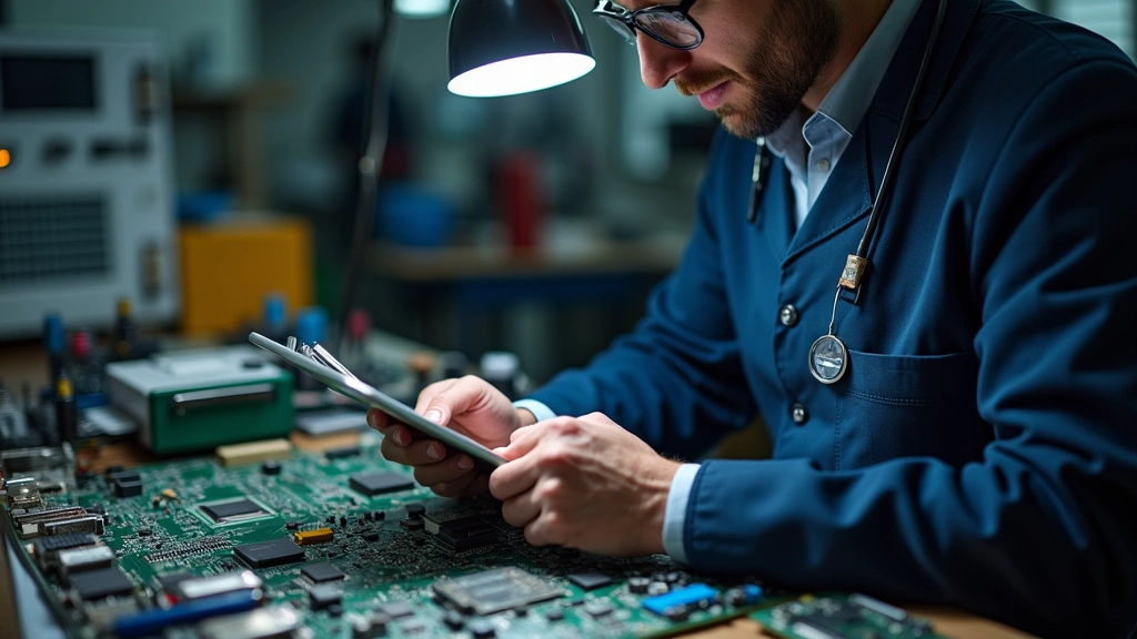 Tech support specialist holding tablet examining circuit board components with magnifying glass, organized electronics repair workbench with tools, professional lighting highlighting device details