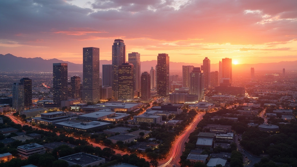 Modern Arizona skyline with technology company office buildings and semiconductor manufacturing facilities at sunset, showcasing urban tech infrastructure and innovation centers