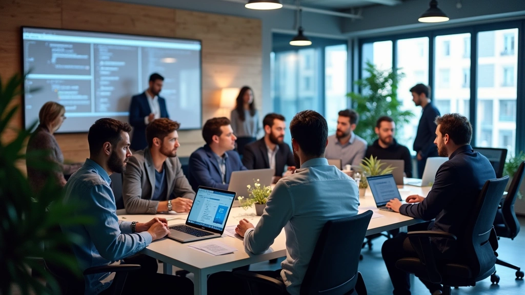 Diverse group of technology professionals in a collaborative workspace with laptops, whiteboards, and advanced computing equipment engaged in software development and innovation