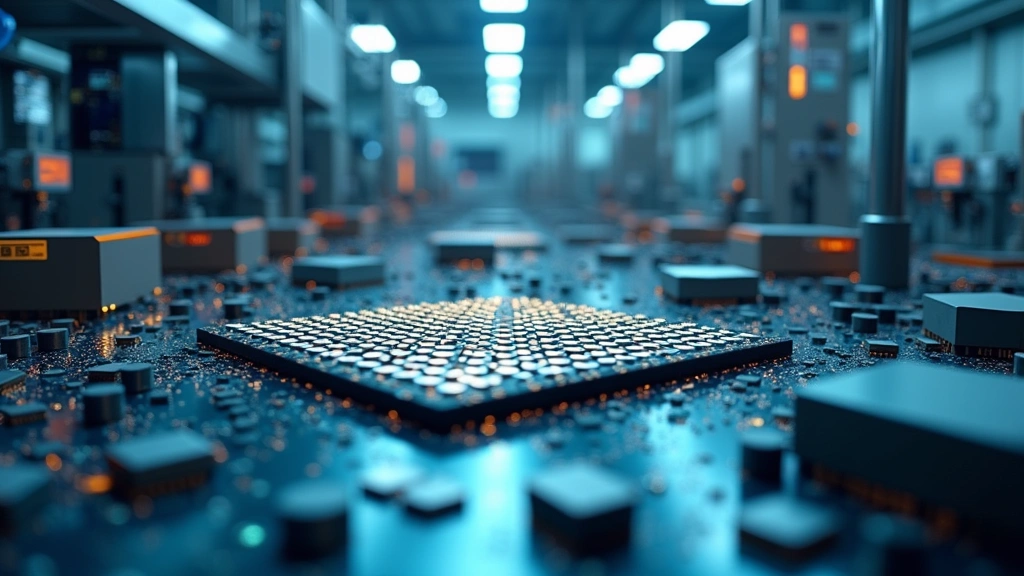 High-tech semiconductor wafer fabrication facility interior with precision manufacturing equipment, clean room environment, and advanced microchip production technology
