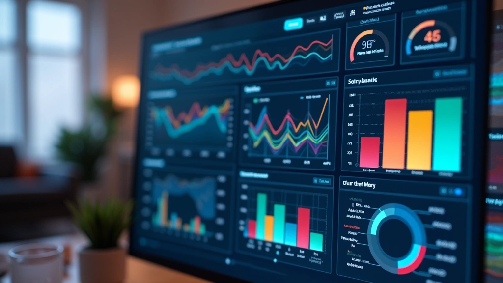 Modern tech dashboard with colorful data visualizations, charts, and analytics metrics displayed on a large monitor screen, showing business intelligence and workflow automation interface elements