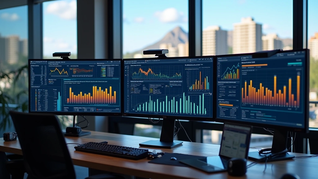 Modern tech office workspace with multiple monitors displaying data dashboards and analytics, Arizona cityscape visible through windows, professional environment with tech gadgets on desk