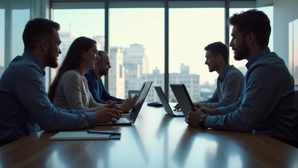 Professional office environment with multiple team members collaborating around a conference table with laptops and tablets, representing enterprise software integration and cross-functional teamwork