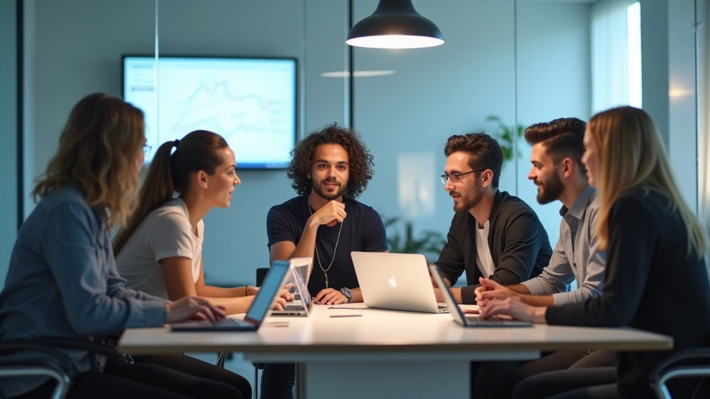 Diverse group of tech professionals in casual business attire having discussion in modern conference room with glass walls, laptops and tablets visible, collaborative atmosphere