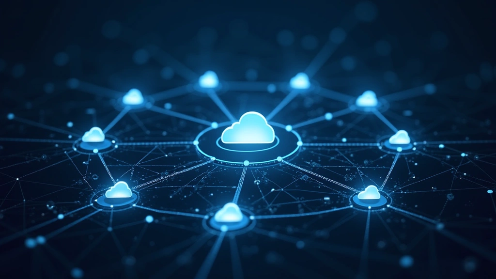 Sophisticated network infrastructure visualization with interconnected nodes, cloud symbols, and data flow arrows representing system integration, cloud computing, and digital ecosystem connectivity