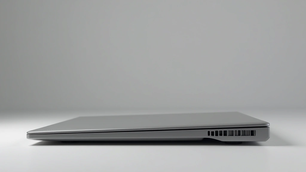 Photorealistic high-end laptop aluminum chassis with precision engineering, side profile showing slim design and premium construction details, neutral gray background, studio lighting highlighting build quality