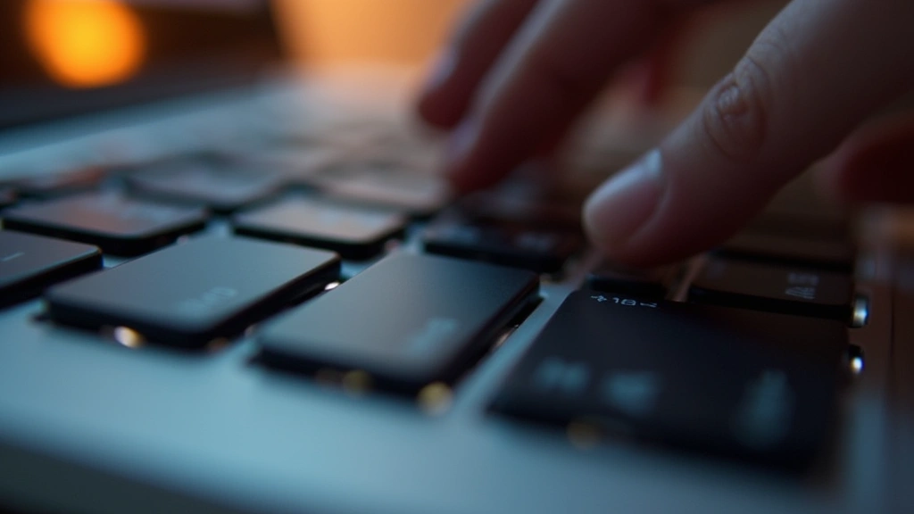 Close-up of laptop keyboard with visible mechanical switches and keycaps, showing tactile response and typing comfort, warm ambient lighting, shallow depth of field focusing on key mechanisms