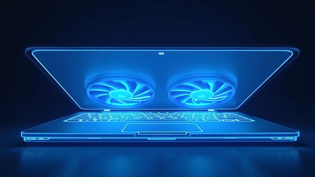 Laptop thermal management system visualization showing dual-fan cooling design with heatsink components, thermal imaging perspective, cool blue tones indicating efficient heat dissipation, no text overlays
