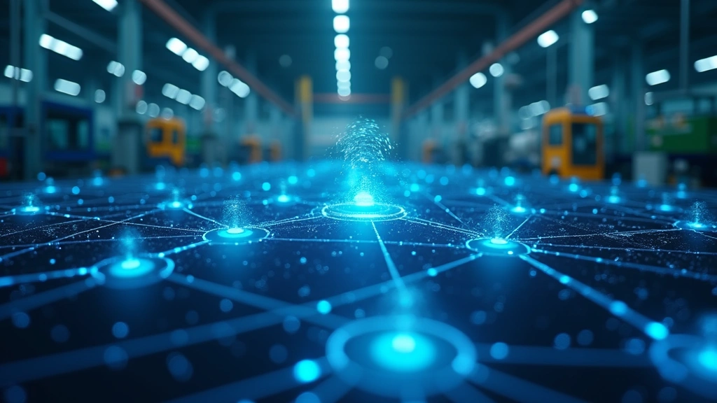 Industrial IoT sensor deployment in factory environment, multiple wireless-enabled devices transmitting data, blue network visualization overlay, professional lighting