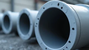 Close-up of advanced composite drainage pipe material showing reinforced structural design and smooth interior surface, photorealistic industrial detail, no text