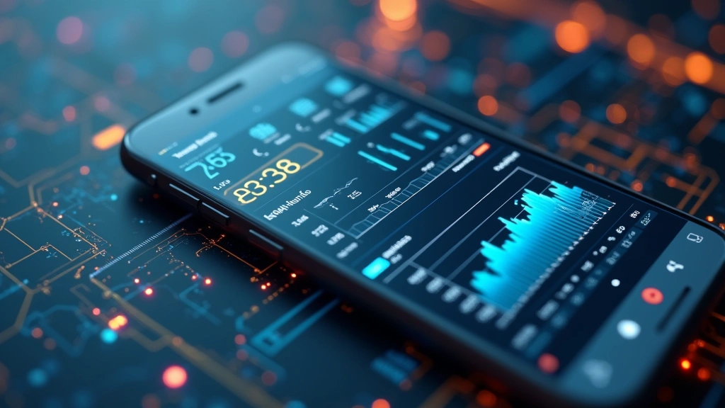 Smartphone displaying real-time drainage monitoring dashboard with flow rate graphs and system health indicators in clean interface design, photorealistic tech display
