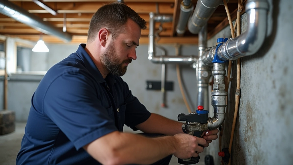 Professional plumber installing smart sensor components into drainage system with precision tools and technical equipment in residential basement setting
